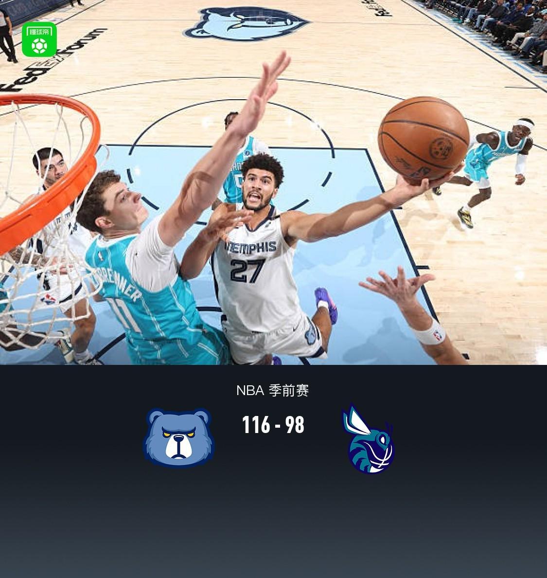 灰熊116-98大胜黄蜂,布泽尔19+7+3,米勒15分
